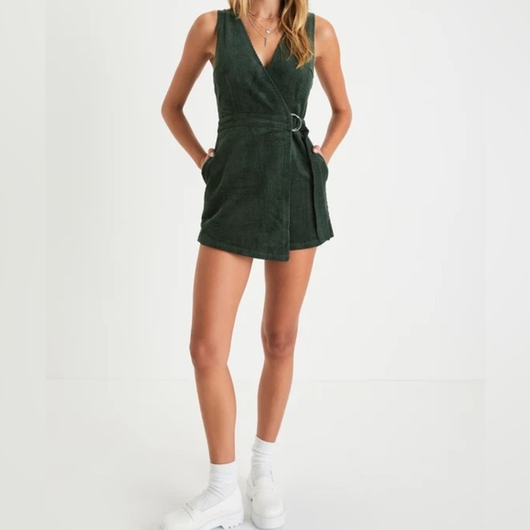 Lulus Absolutely Cute Dark Green Corduroy Faux-Wrap Skort Romper - Picture 1 of 6